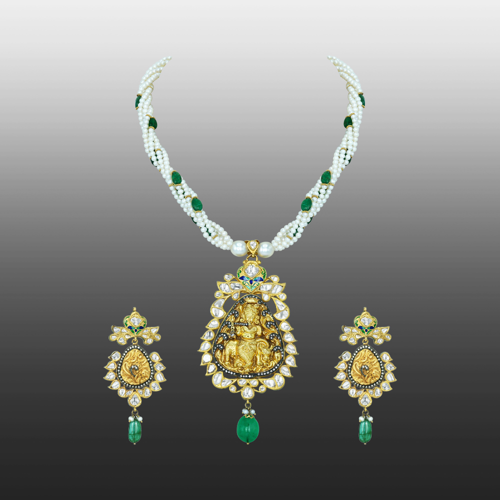 Krishna Polki Pendant Necklace Set with Pearls, Emeralds and Enamel